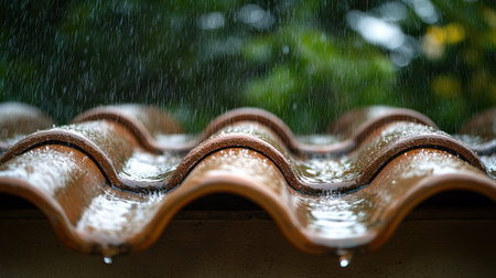 Water droplets dripping from a traditional clay tile roof during a summer rain shower.の素材