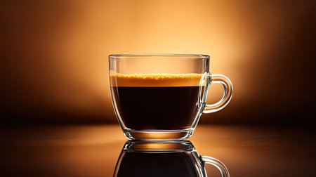 Glass coffee cup filled with espresso placed on a reflective surface in a studio setting with soft directional lightの素材
