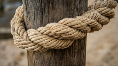 Detail view of rope fibers intertwined around a rough-surfaced wooden pole, evoking themes of tension and supportの素材