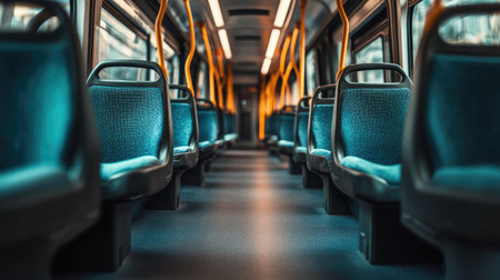 Clean bus interior with freshly upholstered empty seats, aisle view stretching toward the front, ready for passengersの素材