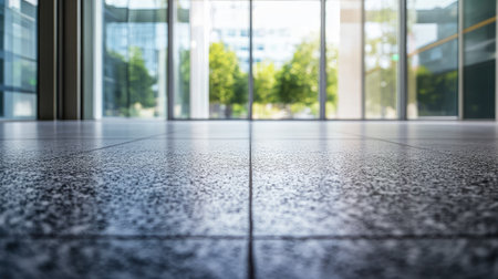 Close-up view of textured concrete floor surface in front of a glass building entrance, bathed in natural lightの素材