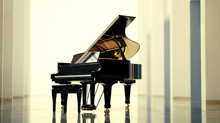 A luxurious black concert grand piano, positioned in an empty space, emphasizing its timeless elegance.の素材