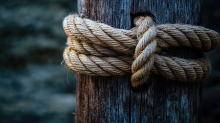 Close-up of a thick rope securely tied around a weathered wooden pole, showing texture and tension in natural lightingの素材