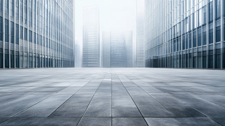 Empty urban concrete floor area in front of a large building facade, highlighting architectural lines and open spaceの素材