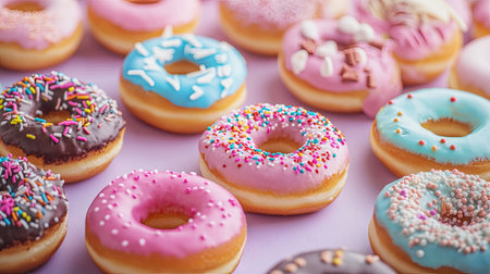 Close-up of assorted mini donuts with different frostings and decorations on a vivid color surface for bakery promotionの素材