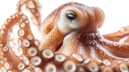 Fresh octopus body and limbs positioned naturally on a seamless white background, with visible texture and color contrastの素材