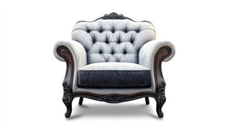 Elegant armchair with soft fabric and curved arms isolated on a white background, perfect for home or office settingsの素材