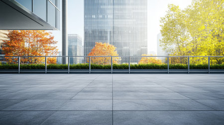 Empty concrete floor in front of a commercial building, framed by metal railings and urban landscapingの素材