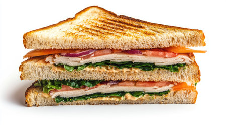 Half club sandwich on white background with natural shadows, highlighting the toasted bread and colorful layersの素材