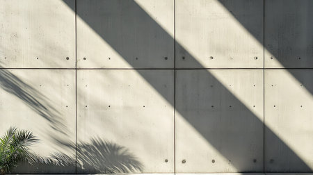 Harsh midday sun casting bold, geometric shadows on a modern concrete wall facade, highlighting its textureの素材