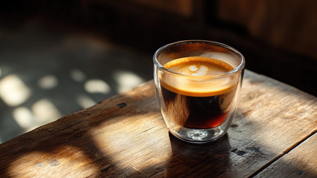 Elegant coffee served in a clear glass cup placed on a studio table with soft highlights and controlled shadowsの素材