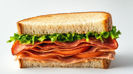 Freshly prepared half club sandwich isolated on white, showing the perfect stack of deli meats, lettuce, and tomatoの素材