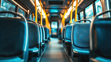 Clean bus interior with freshly upholstered empty seats, aisle view stretching toward the front, ready for passengersの素材