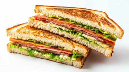 Half club sandwich with toasted bread and crisp layers of fillings isolated on white, perfect for menu or recipe useの素材