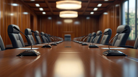 Empty boardroom with conference microphone at each seat, perfectly arranged for formal corporate discussionの素材