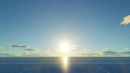 Wide shot of a solar panel field under a clear blue sky, with the sun shining brightly in the backgroundの素材