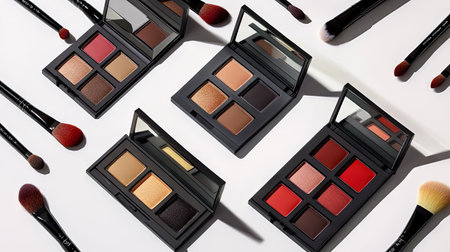Various eyeshadow palettes with bold hues arranged neatly on a white background, alongside blending brushesの素材