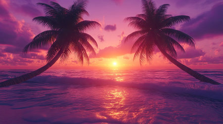 Vibrant sunset sky glowing behind a pair of tall palm trees, with gentle waves lapping at the shoreの素材