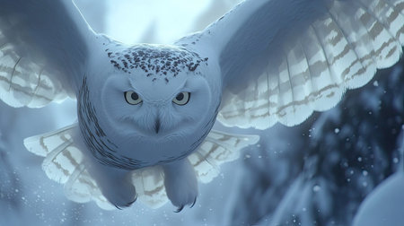 Close-up of a snowy owl mid-flight, wings stretched wide, showing its beautiful white feathers against a wintry backdropの素材