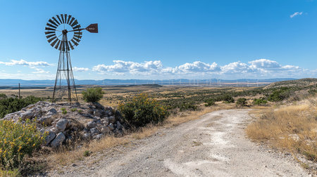 Wide-angle view of a wind turbine farm with a traditional windmill standing as a historical marker in the foregroundの素材