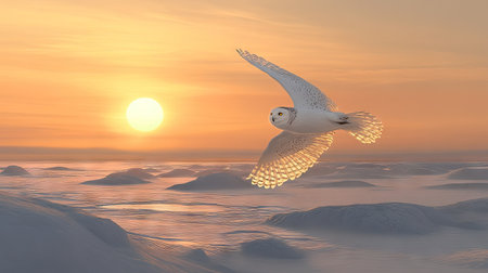 A solitary snowy owl in flight over a frozen tundra, with subtle golden hues from the setting sunの素材