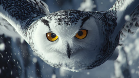 Close-up of a snowy owl's intense yellow eyes as it glides toward the camera, wings framing its bodyの素材
