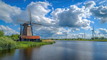 Wide shot of a historic windmill standing tall next to a cluster of modern wind turbines under a partly cloudy skyの素材