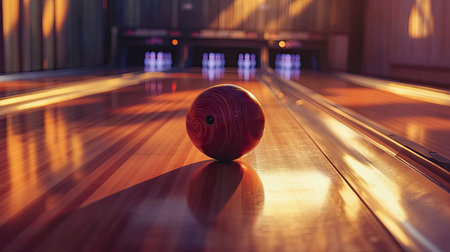 Side view of a bowling ball on the lane, approaching the pins with vivid reflections on the wooden trackの素材