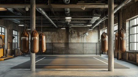An industrial-style gym with an empty boxing ring in the foreground and punching bags hanging in the back.の素材