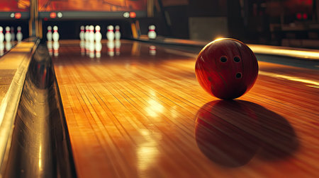 Side view of a bowling ball on the lane, approaching the pins with vivid reflections on the wooden trackの素材