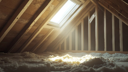 An attic space under construction, with insulation visible and a skylight letting in natural light.の素材