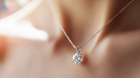 A close-up of a natural diamond pendant necklace on a woman's neck, sparkling beautifully with soft-focus background.の素材