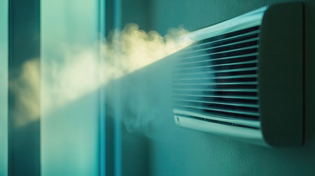 A close-up of an air conditioner vent, showcasing clean air flowing out of a wall-mounted unit in a home.の素材
