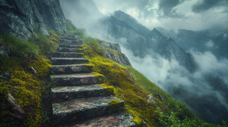 An old stone staircase covered in moss leading into a misty sky surrounded by mountain peaks.の素材