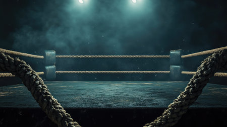 A boxing ring surrounded by ropes, with dust particles visible in the spotlight's glow.の素材