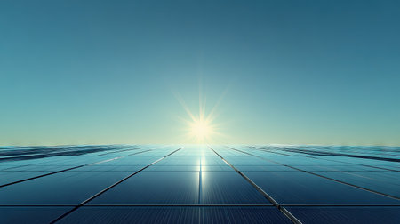 Wide shot of a solar panel field under a clear blue sky, with the sun shining brightly in the backgroundの素材
