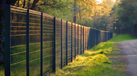 A bleu aluminum fence separating a green field and a forest, with the evening sun casting warm light over the natural scenery.の素材