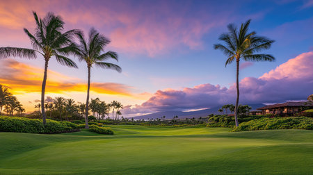 Wide shot of palm trees swaying in the breeze with a spectacular sunset sky full of vibrant huesの素材