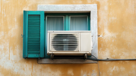 An air conditioner unit on a wall in a small studio apartment with a trendy, functional design.の素材