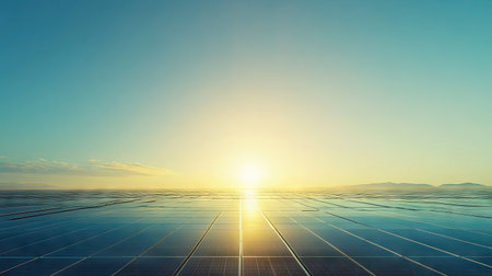 Wide shot of a solar panel field under a clear blue sky, with the sun shining brightly in the backgroundの素材