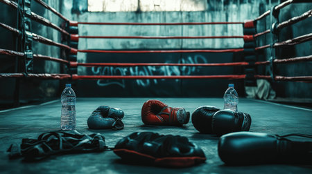 An empty boxing ring surrounded by training gear such as gloves, pads, and water bottles.の素材