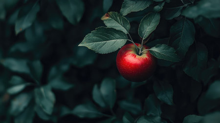 A bright red apple with a perfect green leaf attached, set against a soft-focus leafy background.の素材