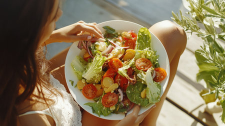 Young woman enjoying a homemade vegetable salad, sitting outside on a bright patio with a plate full of healthy ingredientsの素材