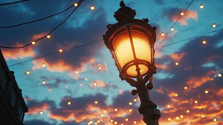 Vintage-style street lamp with a warm glow, contrasting with a cool blue sky just before sunsetの素材