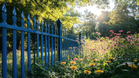 A bleu aluminum fence standing tall against a backdrop of wildflowers and trees, with sunlight filtering through the leaves.の素材