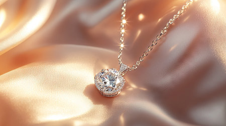 A beautiful diamond pendant necklace lying on a satin fabric, with a soft glow highlighting the diamonds' sparkle.の素材