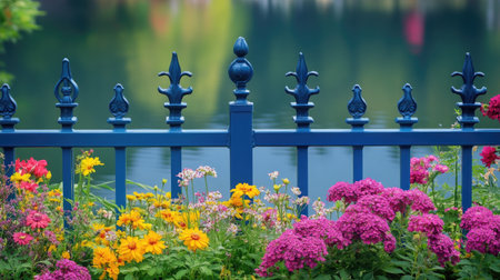 A close-up of a bleu aluminum fence surrounded by colorful blooming flowers, with a calm lake reflecting the landscape.の素材
