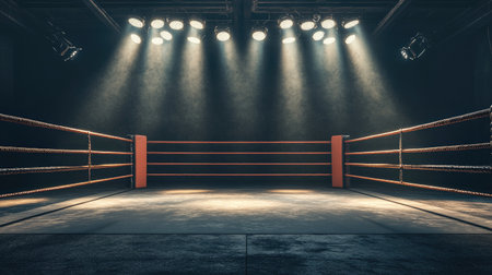 A clean boxing ring with tight ropes, spotlight reflections creating a radiant effect in the arena.の素材