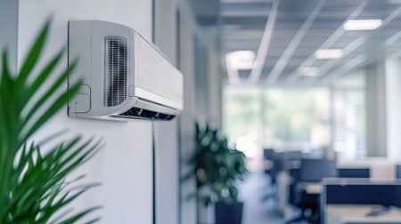 An open-plan office space with a wall-mounted air conditioner ensuring comfort for employees.の素材
