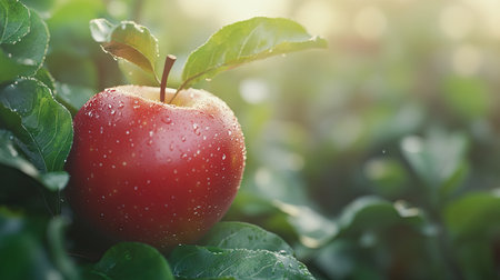 A close-up of a glossy red apple among green leaves, with a soft-focus garden in the background.の素材